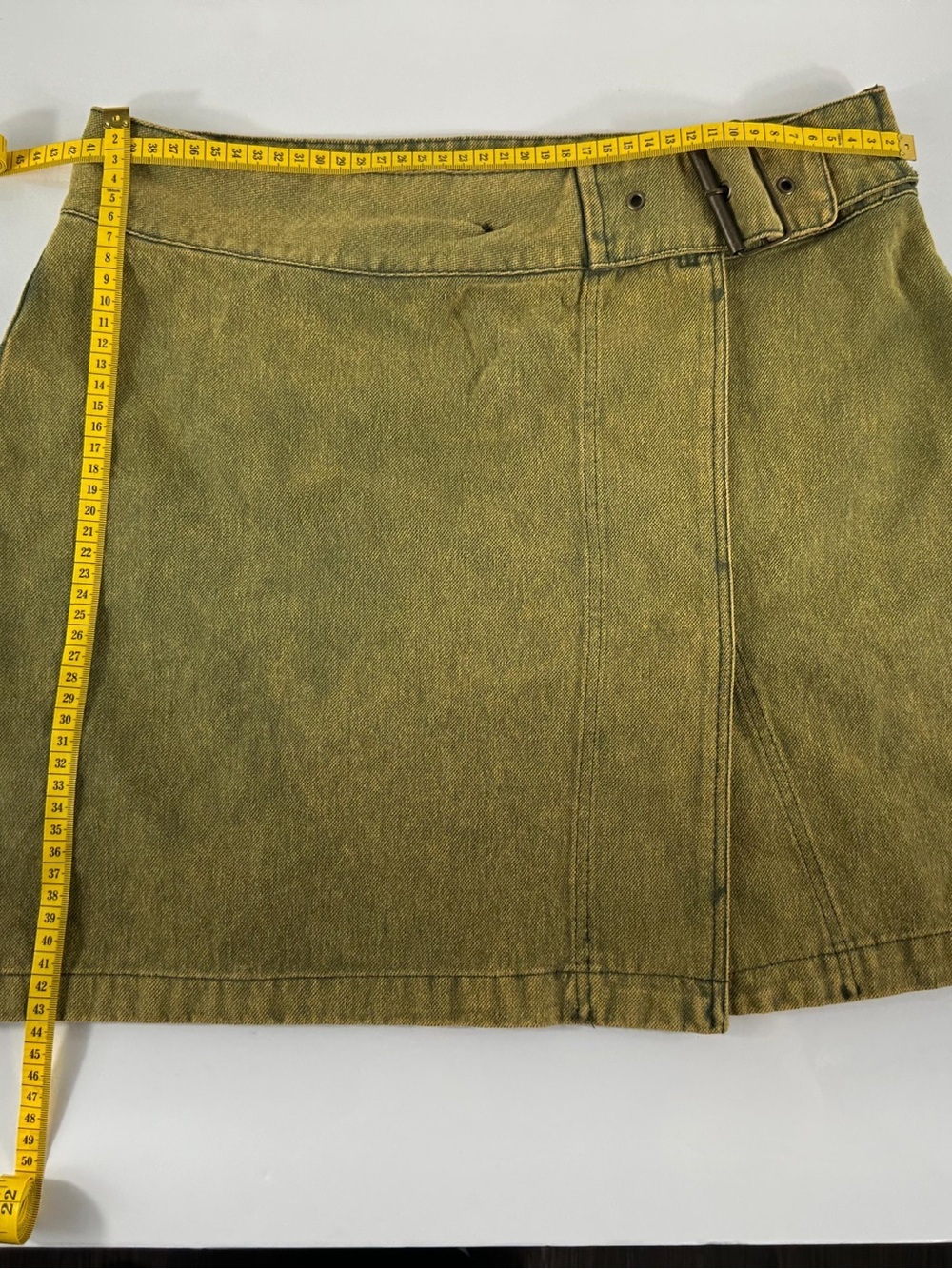 Chelsea & Violet Gold Olive Denim Mini Skirt Size L Buckle Wrap Front - Picture 3 of 5